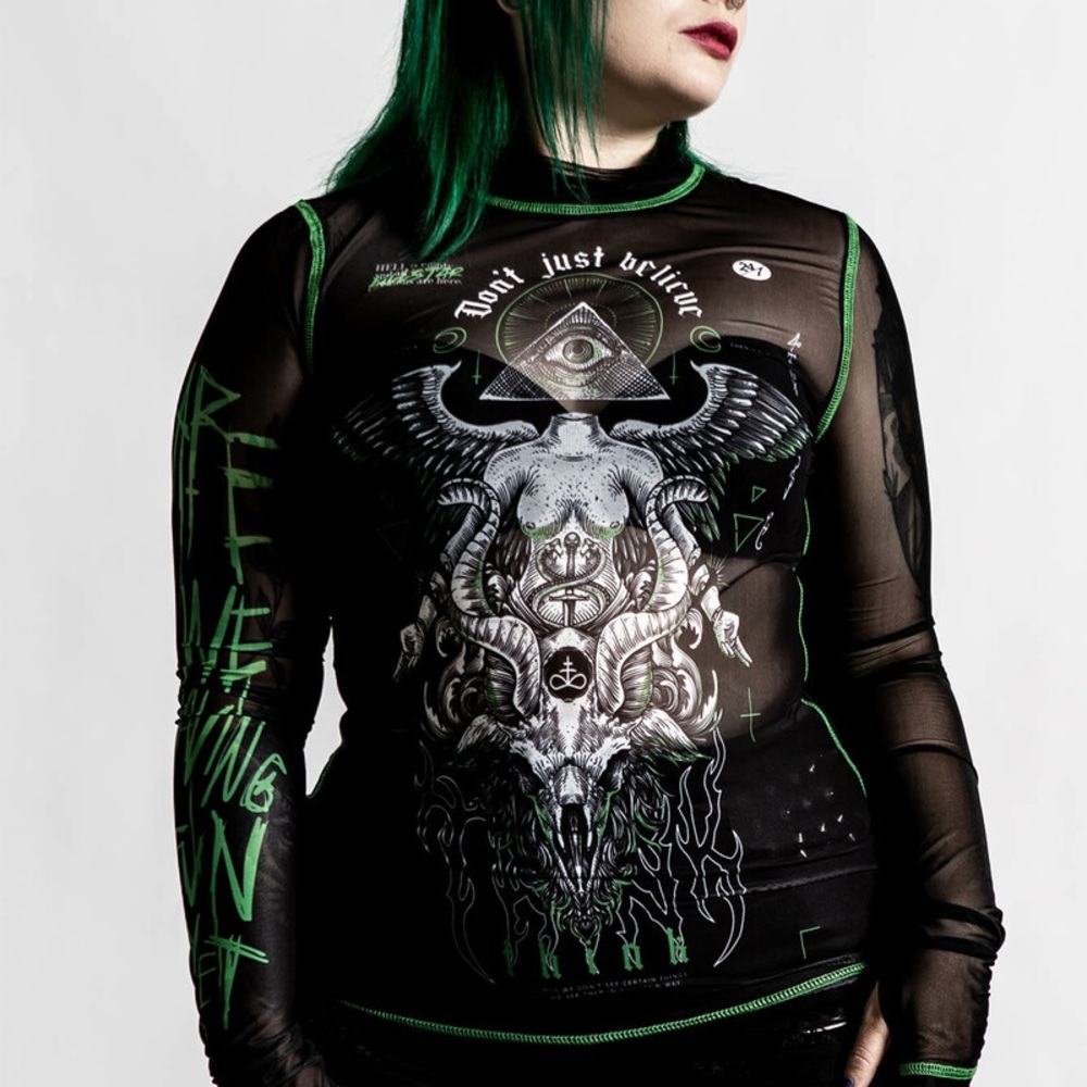 Killstar Sheer Mesh Graphic Long Sleeve Top Goth Occult Size L